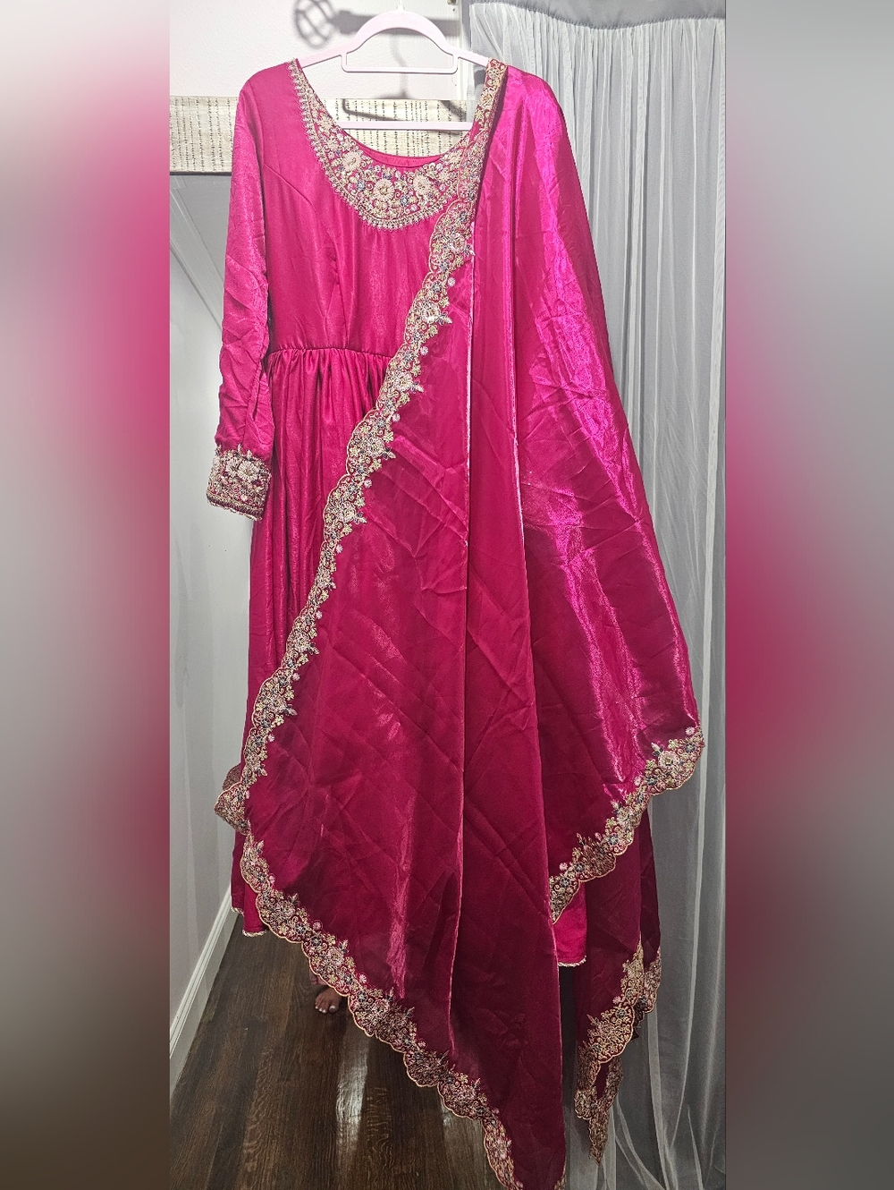 Womens Fuchsia Anarkali Dress with Embroidered Dupatta And Pants